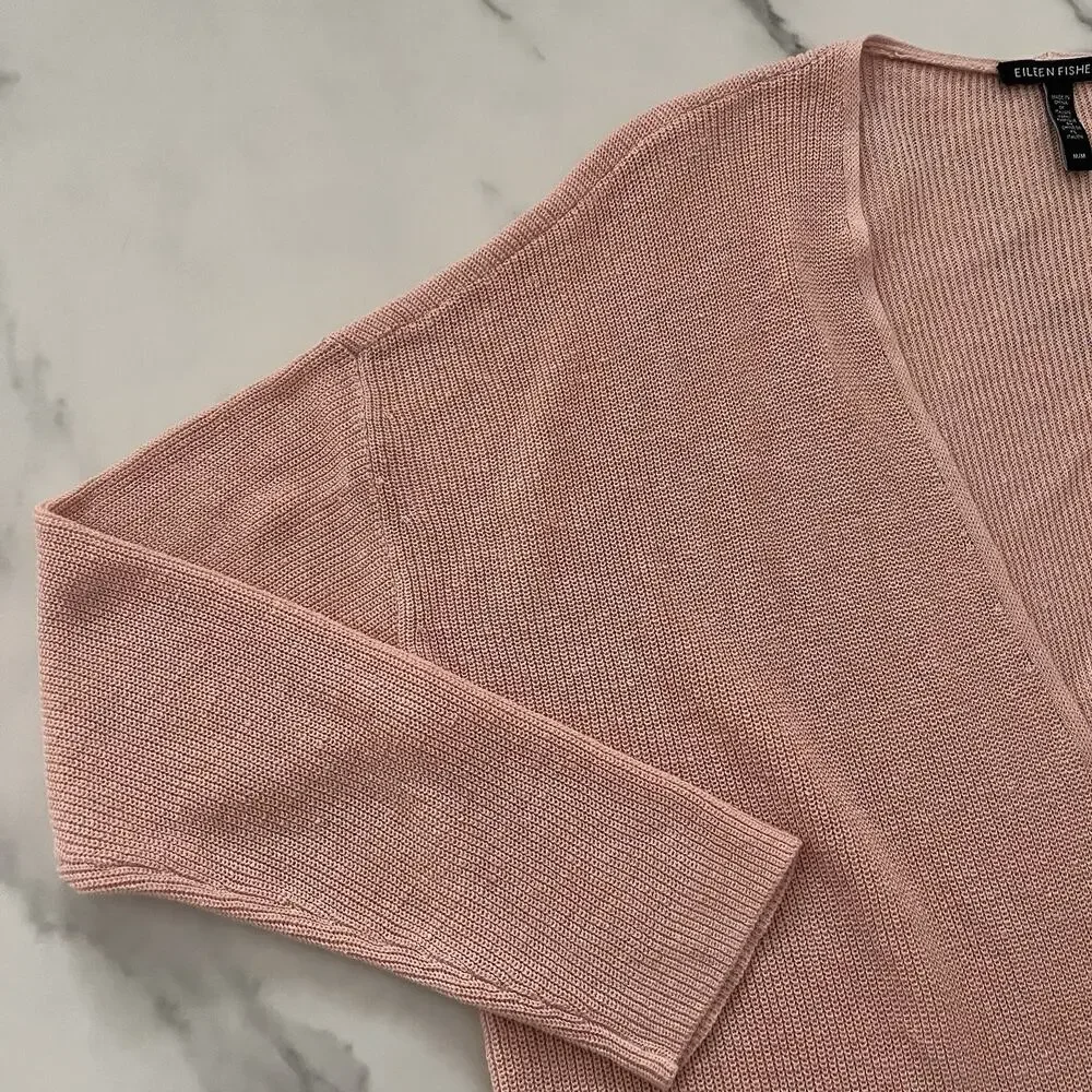 Eileen Fisher Long Organic Linen & Cotton Cardigan Pink Sz M minimalist Coastal - Picture 7 of 11